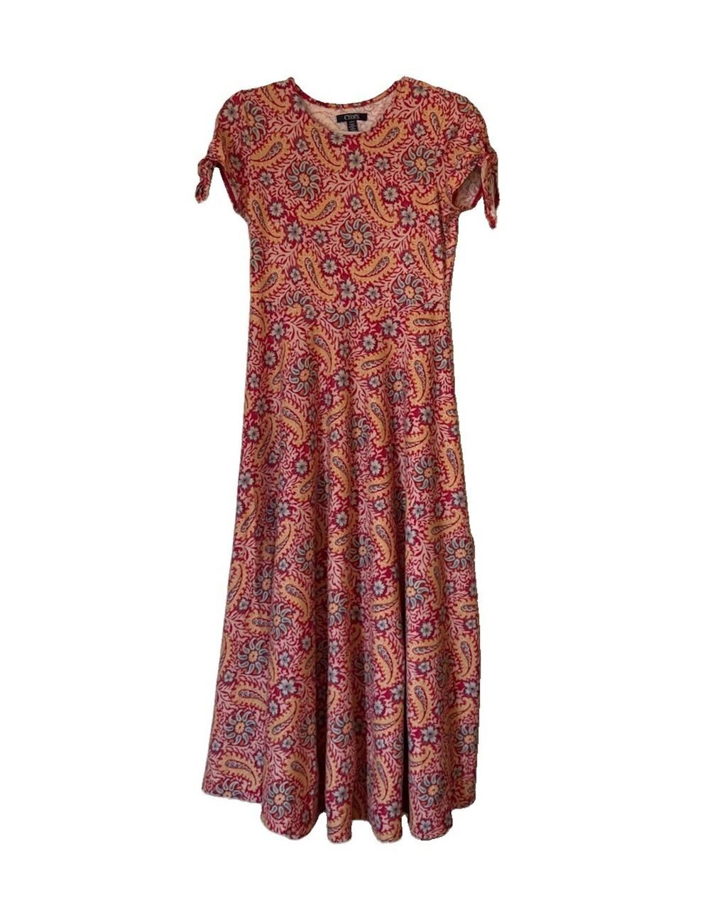 Chaps Fit & Flare Midi Dress Size S Paisley Floral Print Tie Sleeve 100% Cotton
